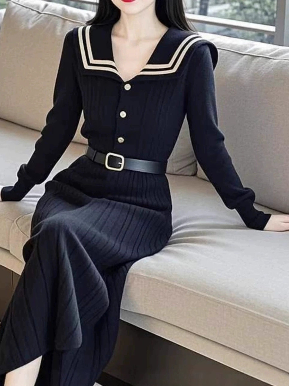 ZARA Trendy Navy Blue Sailor Collar Slimming Knit Dress for Women Fall Winter
